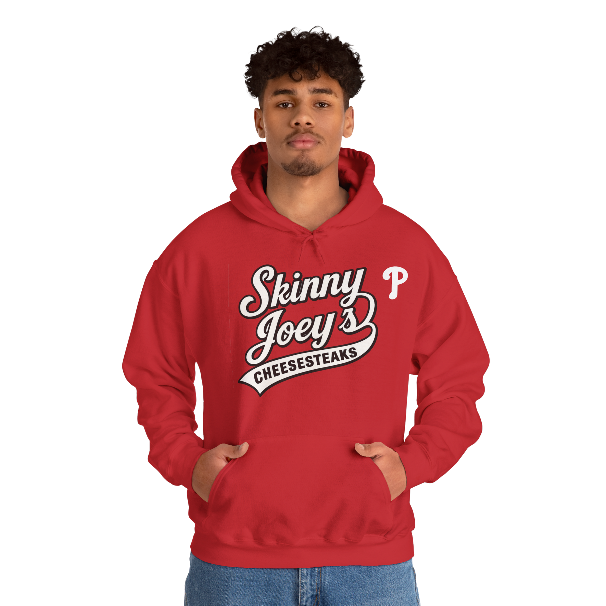 Person wearing a red hoodie with 'Skinny Joey's Cheesesteaks' text on a white background