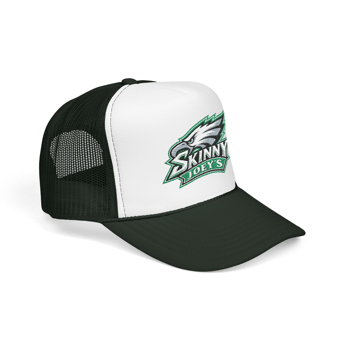 Eagles 2026 trucker hat in dark green white dark green, side view, South Philly streetwear