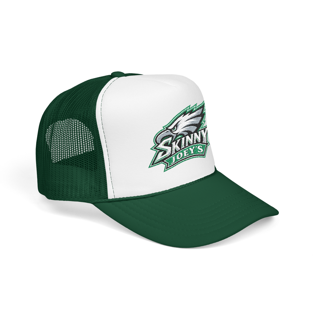 Eagles 2026 trucker hat in kelly white kelly, side view, Skinny Joey's Cheesesteaks apparel