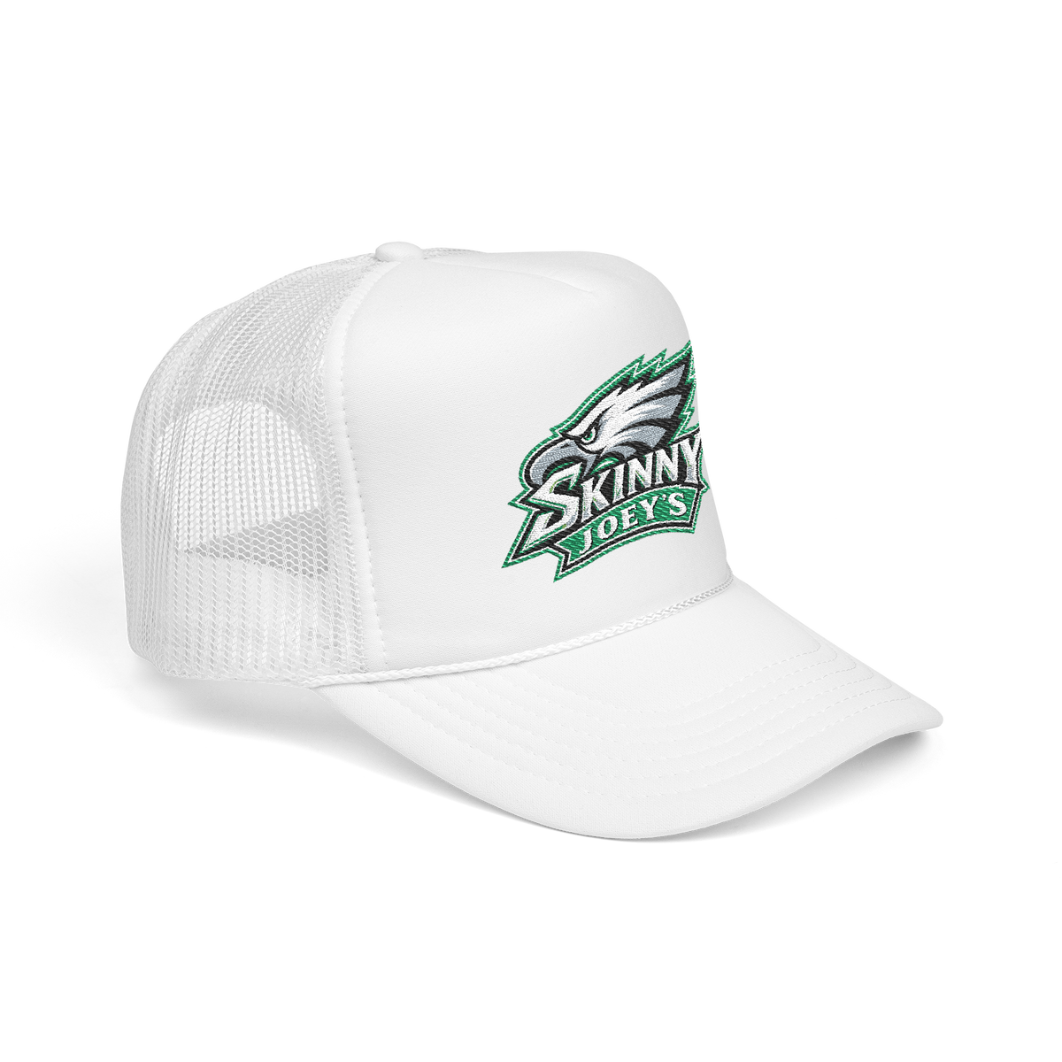 Eagles 2026 trucker hat in white, side view, The Skinny Podcast with Joey Merlino & Lil Snuff merch