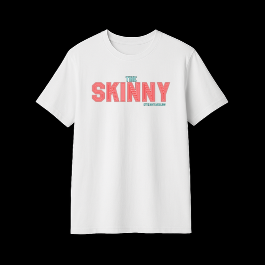 White t-shirt with 'The Skinny' text in red and green on a white background