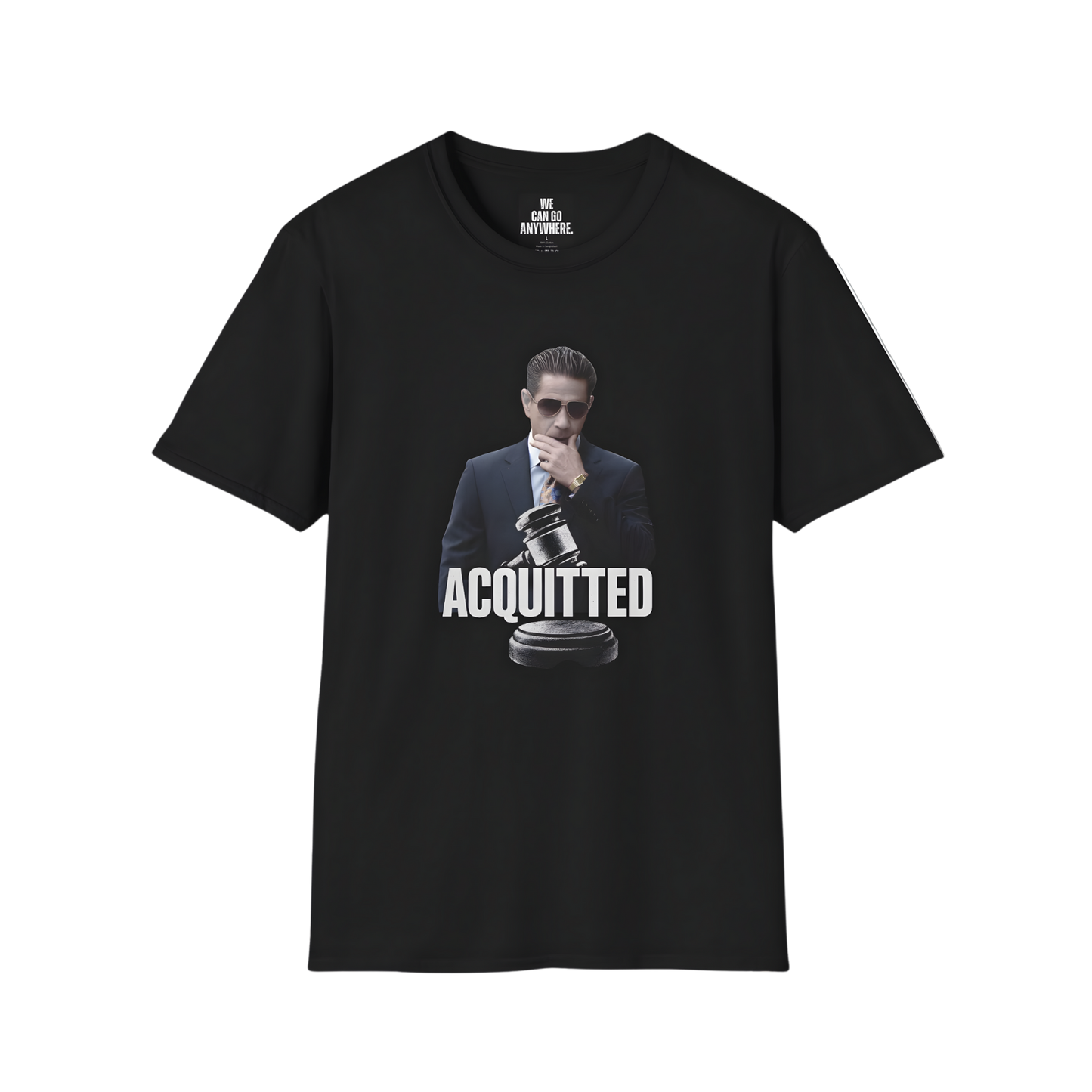 Black t-shirt with a graphic of a person holding a gavel and the word 'ACQUITTED' on a white background.