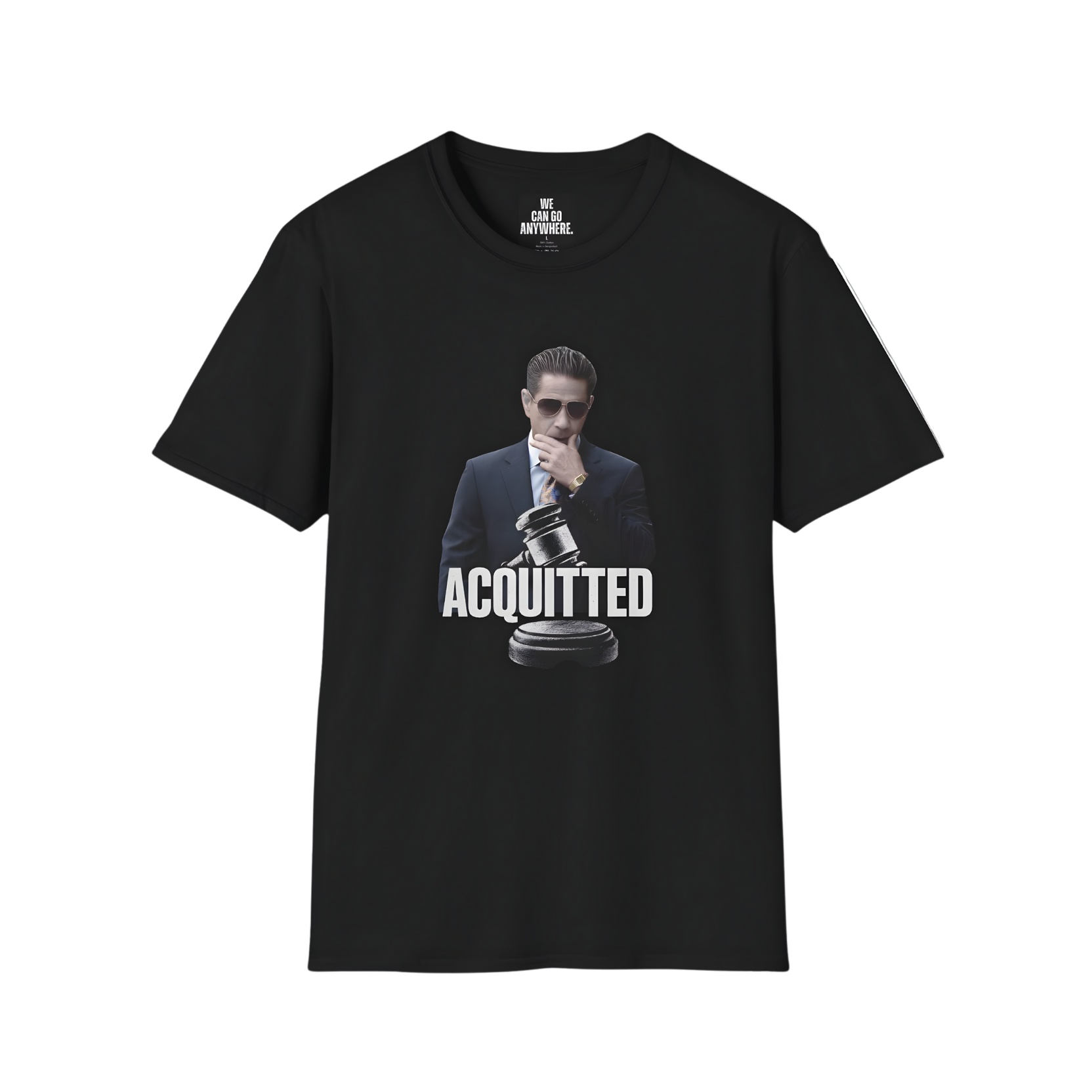 Black t-shirt with a graphic of a person holding a gavel and the word 'ACQUITTED' on a white background.