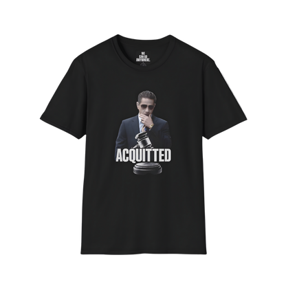 Black t-shirt with a graphic of a person holding a gavel and the word 'ACQUITTED' on a white background.