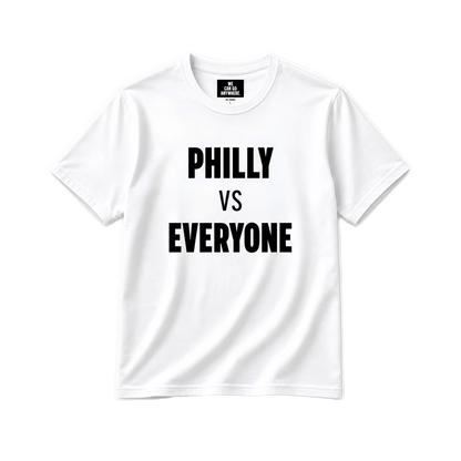 White t-shirt with 'PHILLY VS EVERYONE' text on a white background