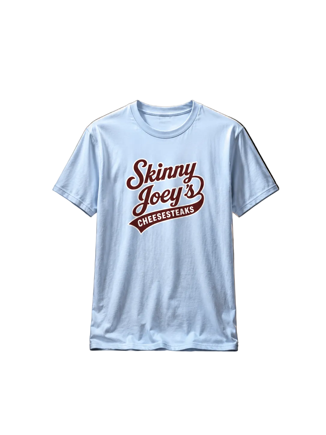 A light blue crewneck t-shirt featuring a dark red graphic print on the front that reads 'Skinny Joey's CHEESESTEAKS' in a stylized cursive and banner font, displayed against a plain white background.
