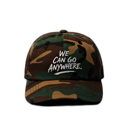 We Can Go Anywhere camo dad cap, main product photo, Italian American mafia-inspired apparel