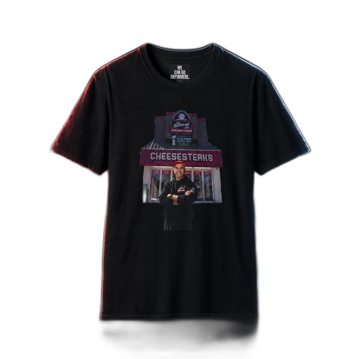 Skinny Joey's Cheesesteaks softstyle tee, main product photo, Philly crime family culture apparel