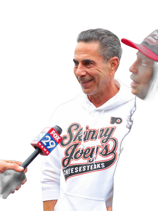 Skinny Joey's Philly Flyers hoodie in white, worn front view, Skinny Joey's merch