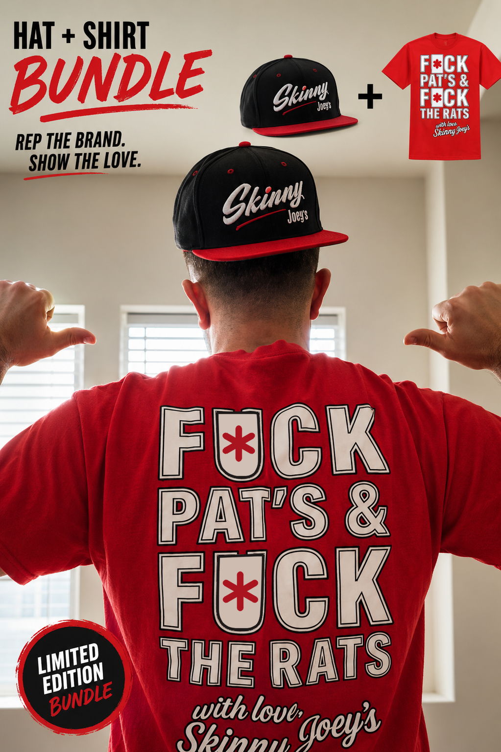 Hat + Shirt Bundle with snapback hat and red F*ck Pat's & F*ck The Rats tee, South Philly streetwear