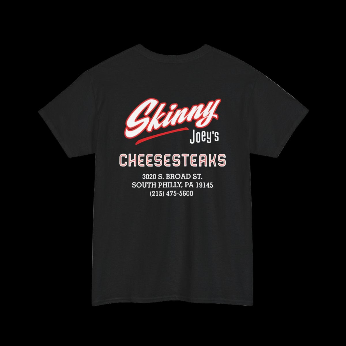 Black t-shirt with 'Skinny Joey's Cheesesteaks' text on a white background