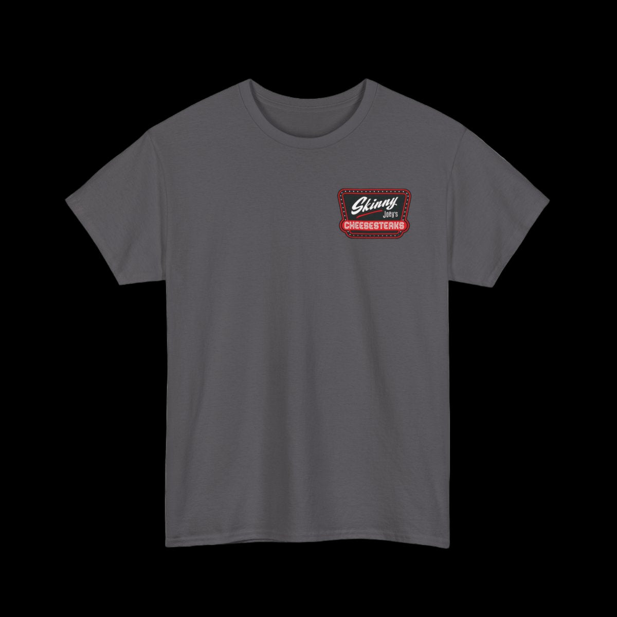 Gray t-shirt with a red and white logo on a white background