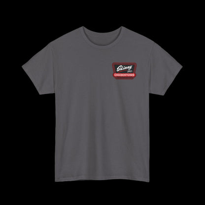 Gray t-shirt with a red and white logo on a white background