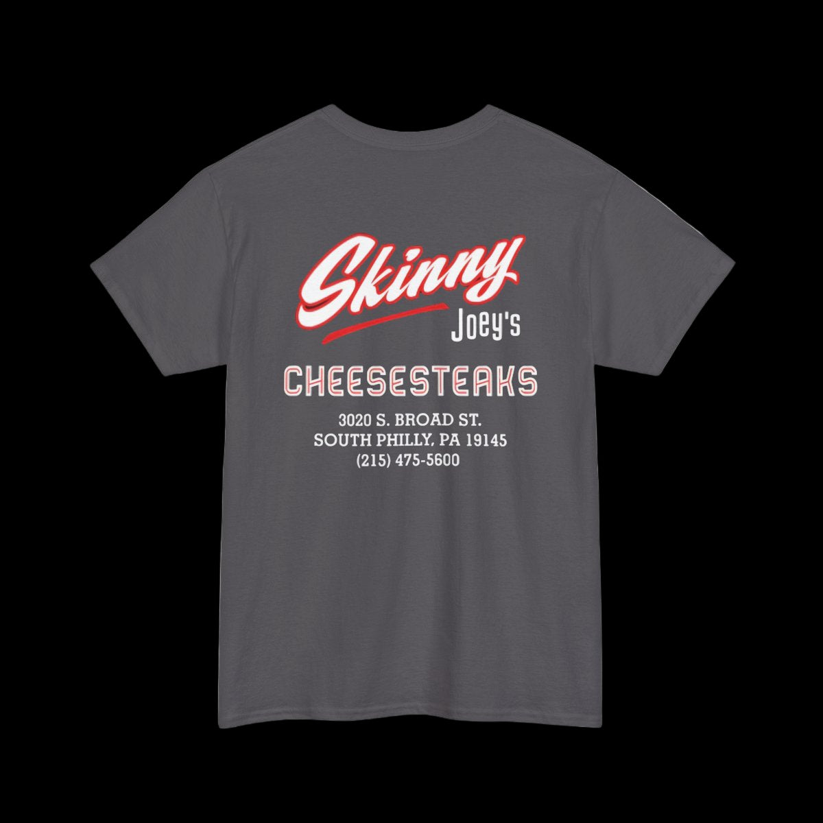 Gray t-shirt with 'Skinny Joey's Cheesesteaks' text on a white background