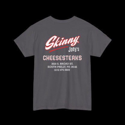 Gray t-shirt with 'Skinny Joey's Cheesesteaks' text on a white background