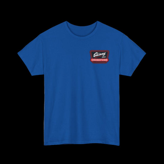 Blue t-shirt with a small logo on the chest against a white background