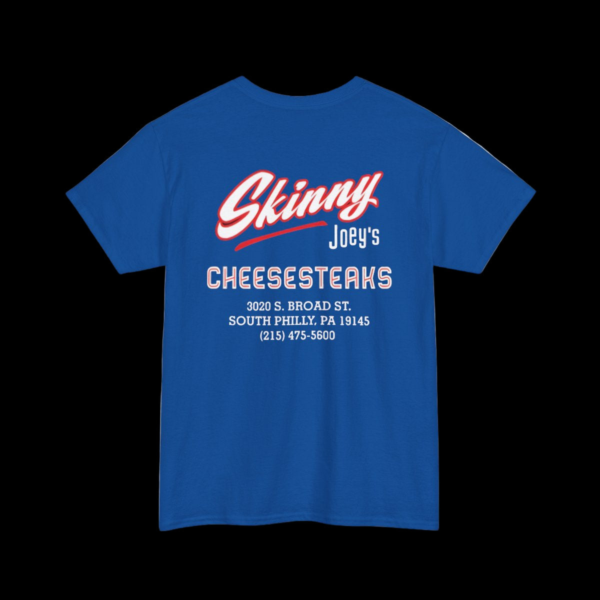 Blue t-shirt with 'Skinny Joey's Cheesesteaks' text on the back against a white background
