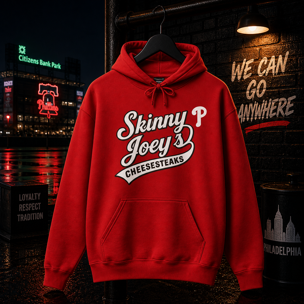 Red hoodie with 'Skinny P Joey's Cheesesteaks' text on a dark background