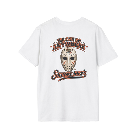 Skinny Joey's hockey mask Halloween tee in white, back view, Skinny Joey's merch