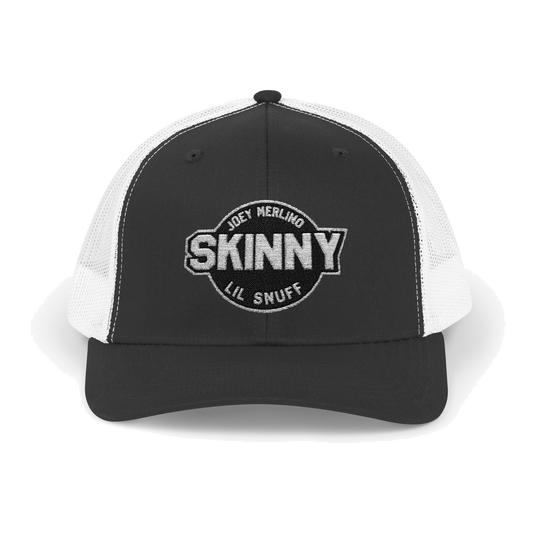 Skinny retro patch trucker cap in black and white, The Skinny Podcast with Joey Merlino & Lil Snuff merch