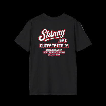 Black t-shirt with red and white text on a white background