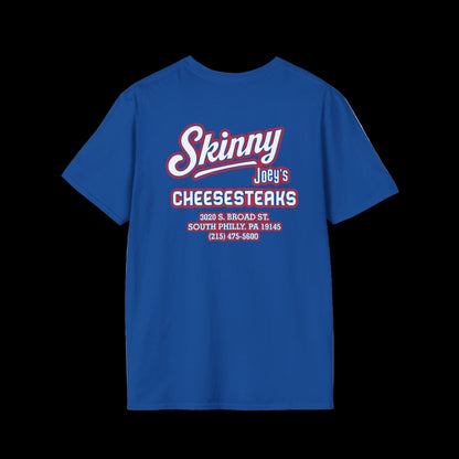 Blue t-shirt with 'Skinny Joey's Cheesesteaks' text on a white background